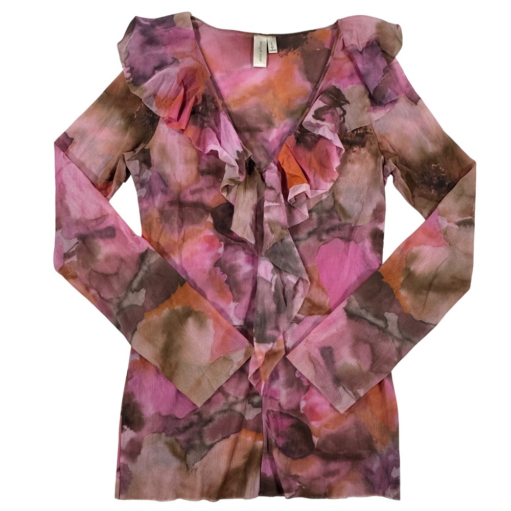 Daisy & Clover Pink Floral‎ Mesh Ruffle V-Neck Blouse L Boho Whimsical Festival